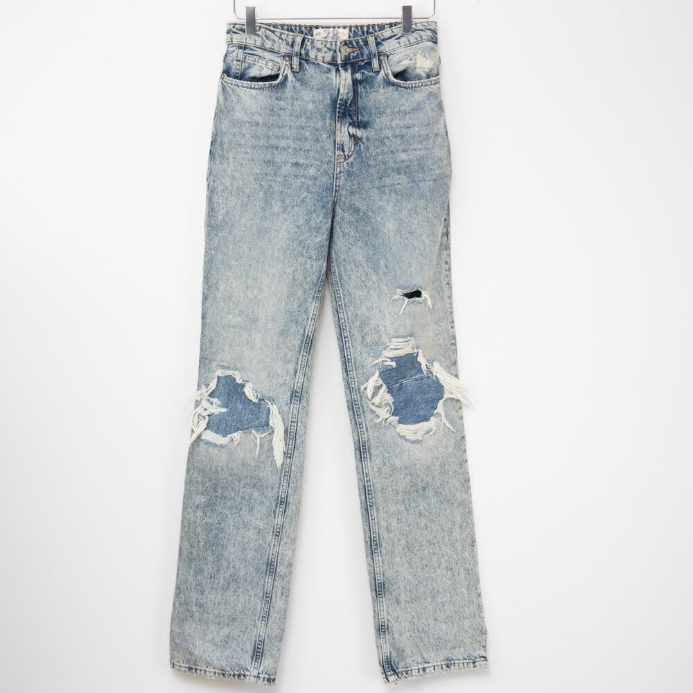 Free People "My Own Lane" Jeans Straight Leg Acid Washed High Waist Blue Size 28